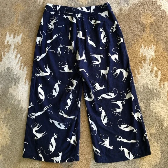 ModCloth Feline Cat Print Wide Leg Linen Crop Pant Sz 8 - Picture 7 of 14